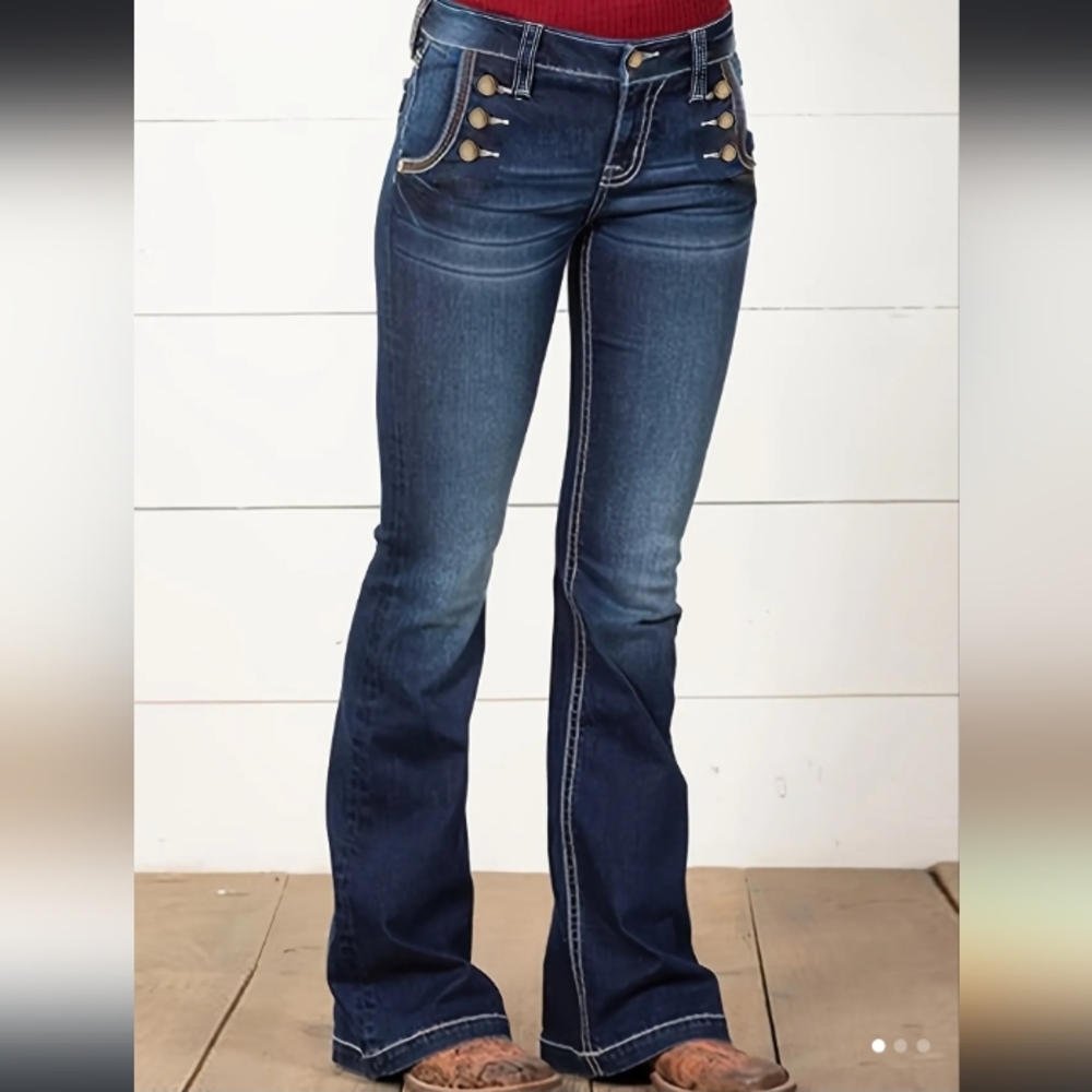 Plus Size Casual Jeans, Women's Plus Washed Button Fly Slight Stretch Flared Leg